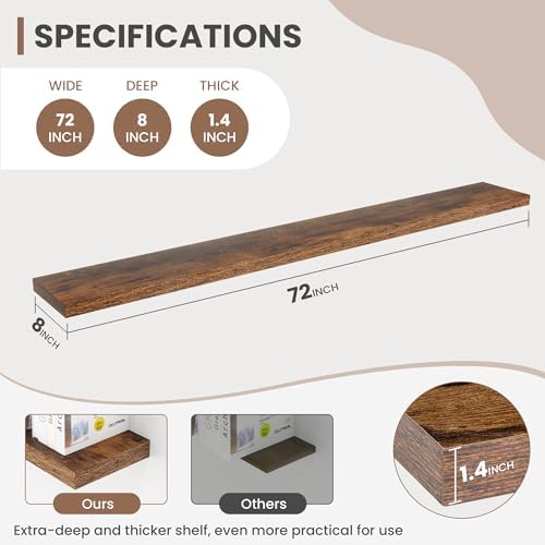 Acovy 72 Inch Floating Shelves, 8 Inch Deep Floating Shelves for Wall, Hanging Shelf with Invisible Brackets, Deep Shelves for Bathroom, Bedroom, Living Room, Brown, Set of 1 - Image 3