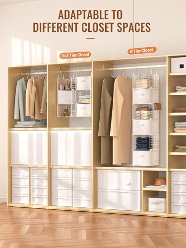 Closet Hanging Organizer with Drawers, 6 Tier Metal Closet Organizers and Storage with 4 Hanging Hooks 4 S-Hooks for Wardrobe Laundry Room, Wire Storage Shelf for Clothes Sweaters Pants (White) - Image 5