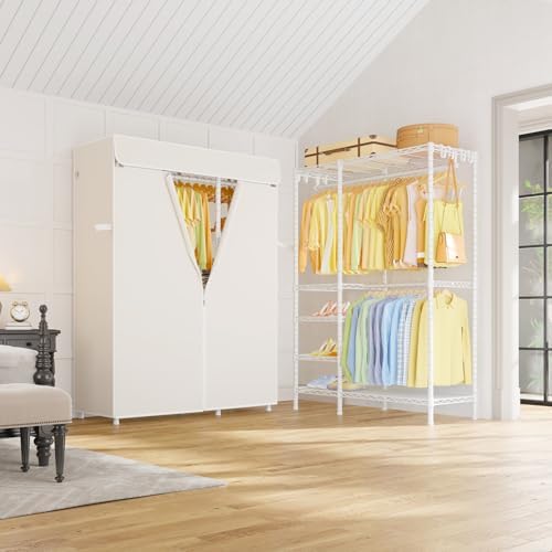 ULIFHOME F2C Clothes Rack with Cover, White Closet with Beige Cover - Image 6