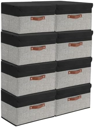 SAMORADREA 8 Pack Linen Foldable Storage Box Containers Fabric Bins with Lids Storage Baskets for Shelves Drawers, Desktop, Closet, Classroom, Office, Bedroom, Home, Garage (Black&Grey) by storage