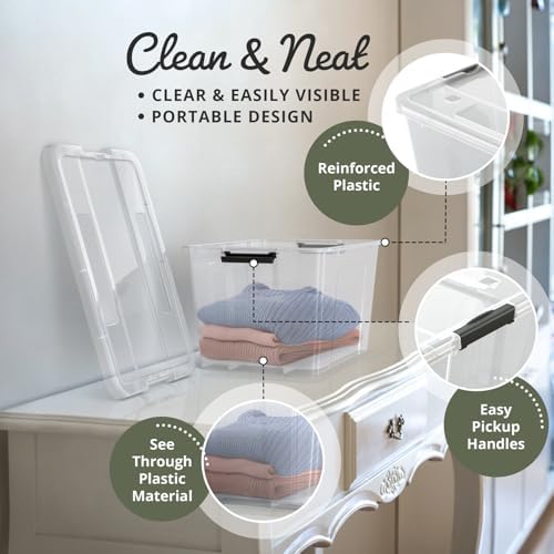 Lifetime Appliance Parts 6 PACK 34 Qt. Plastic Storage Bin Tote Organizing Container with Ultra Durable Lid & Secure Latching Buckles Stackable Extra Strength Clear w/Black Handle - Image 3