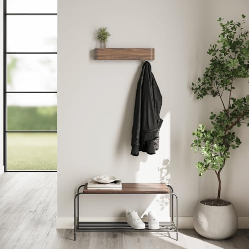 Kazai. Wall-Mounted Coat Rack 'Toke' - Modern Design Coat Rack with Hidden Wall Hooks - Solid Wood Veneer Panel Coat Hanger - Walnut - Image 6