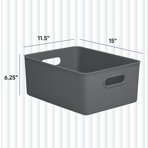 Superio Ribbed Collection - Decorative Plastic Basket Open Home Storage Bins Organizer, Large Grey (2 Pack) Container Boxes for Organizing Closet Storage Bins for Shelves 15 Liter/16 Quart - Image 2