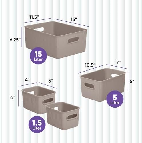 Superio Ribbed Collection - Decorative Plastic Basket Open Home Storage Bins Organizer, Taupe (Set of 4) 1 Large, 1 Medium, 2 Small - Container Boxes for Organizing Closet Storage Bins for Shelves - Image 2