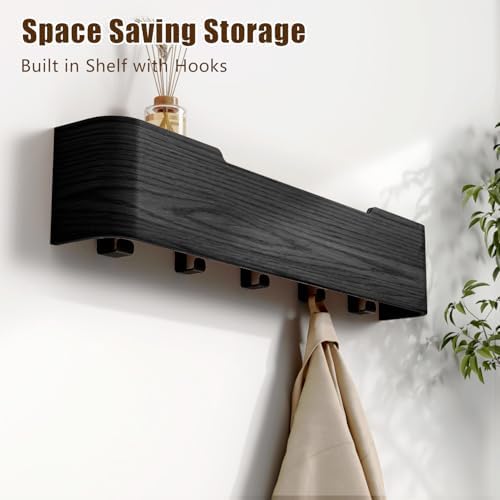 Coat Rack Wall Mount with Hidden Hooks, Wall Hooks with Shelf, Wall Key Holder Mount Wooden Shelf Entryway Hooks for Bedroom Bathroom for Hanging Coats Hats Bags Towels (Black, 5 Hooks) - Image 2
