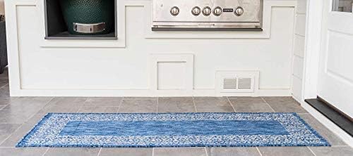 Unique Loom Outdoor Border Collection Area Rug - Floral Border (2' x 6' 1" Runner, Blue/ Ivory) - Image 3