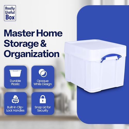 Really Useful Box 35 Liter Plastic Stackable Storage Container with XL Snap Lid & Built-in Clip Lock Handles for Home or Office Organization, White - Image 2