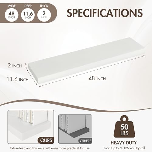 Acovy 48 Inch Floating Shelves, 12" Deep Floating Shelf Wall Mounted, 48" Wall Shelves, Rustic Deep Bookshelf, Extra Deeper & Thicker Display Shelves for Bedroom, Living Room, Set of 1 - Image 4