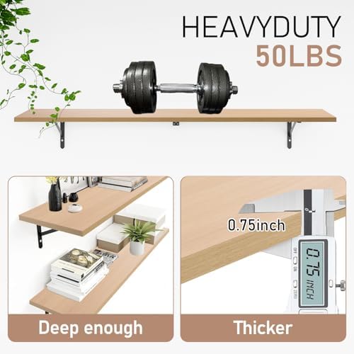 Kaboon 55 inch Long 10 inch Deep Floating Shelves for Wall Set of 2, Large Open Shelves Wall Mounted, Space Saving Home and Commercial Use, Light Walnut - Image 4