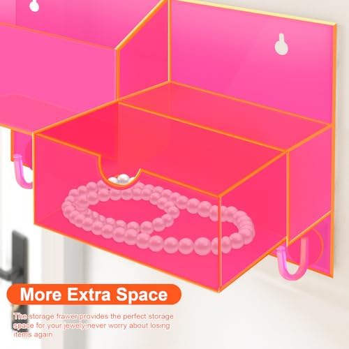 Acrylic Key Holder Wall Mount Mail Organizer for Wall with Shelf Storage Drawer and 5 Hooks, Neon Pink - Image 6