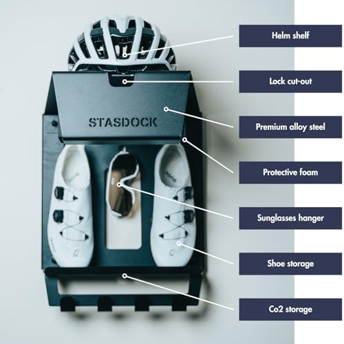 Stasdock Wall Bike Rack | Bike Storage Wall Mount System | For Race Bicycles (Happy Black) and Mountain Bikes | Bike Shelf | Indoor bike wall bracket | Store your helmet and shoes | Home and Garage - Image 4