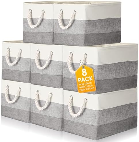 meekoo 8 Pack Fabric Storage Bins Baskets, 15 x 11 x 9.5 in, Mixed Gray by meekoo