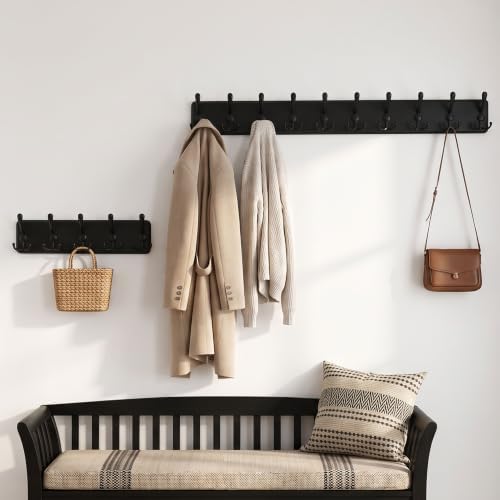 WEBI Rustic Coat Rack Wall Mount,Wood Coat Hooks Wall Mounted Coat Hanger,16" Hole to Hole,Hook Rack Rail,5 Triple Hooks for Hanging Coats,Hats,Jacket,Clothes,Entryway,Black,2 Packs - Image 5