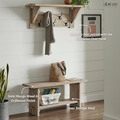 Alaterre Bethel Rustic Solid Wood Entryway Bench with Shelf, Driftwood - Image 4