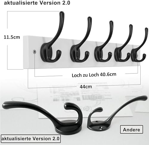 Dseap Wall Mounted Coat Rack: 16" Hole to Hole, Coat Hook Hanger with 5 Metal Hooks for Hanging Coats Towels Hats Clothes, White & Black, 2 Packs - Image 6