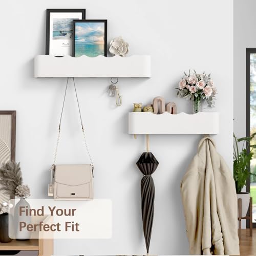 Coat Rack Wall Mount with Hidden Hooks, Wall Hooks with Shelf, Wall Key Holder Mount Wooden Shelf Entryway Hooks for Bedroom Bathroom for Hanging Coats Hats Bags Towels (White Wave-Shape, 5 Hooks) - Image 7