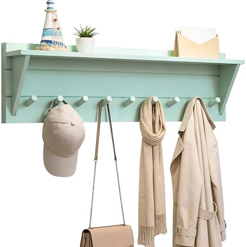 WEBI Coat Rack Wall Mount with Shelf,36" Long Entryway Wall Shelf with Hooks Underneath,9 Peg Hooks for Hanging Coats,Caps,Jacket,Clothes,Light Green by WEBI
