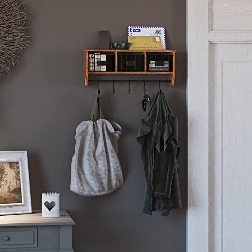 Merrick Lane Enid Wall Mount Storage Rack - Rustic Brown Pine Wood - 24" Wide - Upper Shelf - 5 Hooks - Wire Baskets - For Entryway, Kitchen, Bathroom by MerrickLane