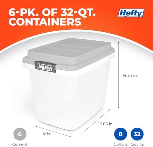 Hefty 32 Qt Hi-Rise Storage Bin with Lid, Stackable Plastic Storage Container, Organizer for Home, Garage & Closet, 6 Pack, Gray - Image 2