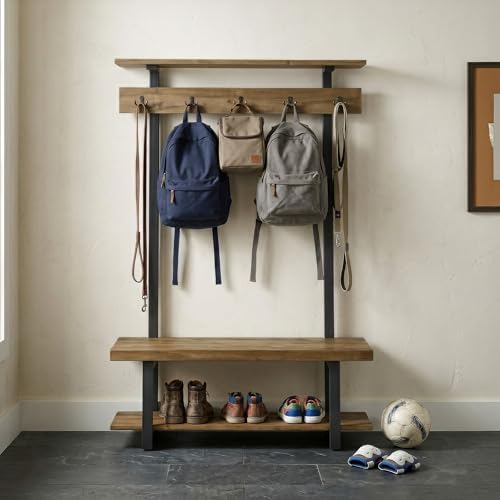 Pomona Solid Wood Entryway Hall Tree with Shoe Bench, Rustic Brown, 48 Inch - Image 5