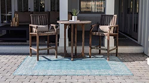 Unique Loom Outdoor Border Collection Area Rug - Floral Border (6' 1" x 9' Rectangle, Aqua/ Ivory) - Image 3