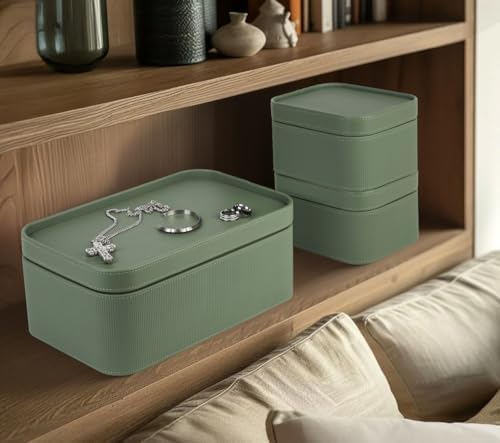 HofferRuffer Faux Leather Decorative Storage Boxes, Dust proof Storage Shelf Baskets with Lids Trays, Storage Bins Memory Box Organizer for Home, Office, Jewelry & More, Set of 3 (Green) - Image 6