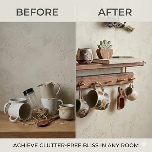Walnut Wood Coat Rack with Shelf, Wall Mounted Rack with 5 Hooks - Image 2