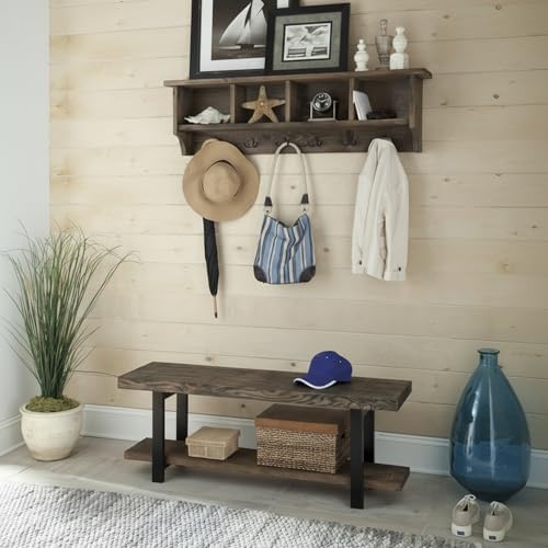 Pomona Solid Wood Entryway Bench and Coat Rack Set, Rustic Brown, 48 Inch - Image 4