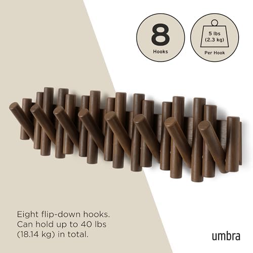 Umbra Picket Coat Rack, Wall Mount 8 Flip-Down Coat Hooks, Walnut - Image 5