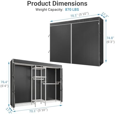 VIPEK Classic V6C Heavy Duty Covered Clothes Rack 5 Tiers Wire Garment Rack Large Size Wardrobe Closet White Metal Clothing Rack with Black Oxford Cover, 70.1" L x 17.3" W x 76.4" H, Max Load 870 LBS - Image 4