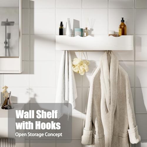 Coat Rack Wall Mount with Shelf 5 Hidden Hooks Modern Wooden Key Holder Entryway Organizer for Hallway Bedroom Bathroom Home Decor Storage for Hanging Coats Hats Bags Towels, Wave-Shape White - Image 6