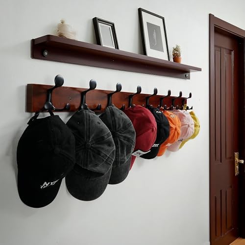WEBI Coat Rack Wall Mount,43" Solid Wood Coat Hooks Wall Mounted Coat Hanger,16" Hole to Hole,Heavy Duty Hook Rack Rail,8 Triple Hooks for Hanging Coats,Jacket,Clothes,Hat,Backpack,Cherry - Image 3