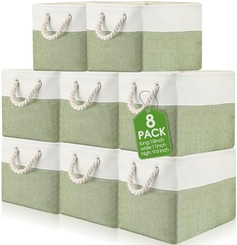 meekoo 8 Pack Fabric Storage Bins Baskets, 15 x 11 x 9.5 in, Green White by meekoo