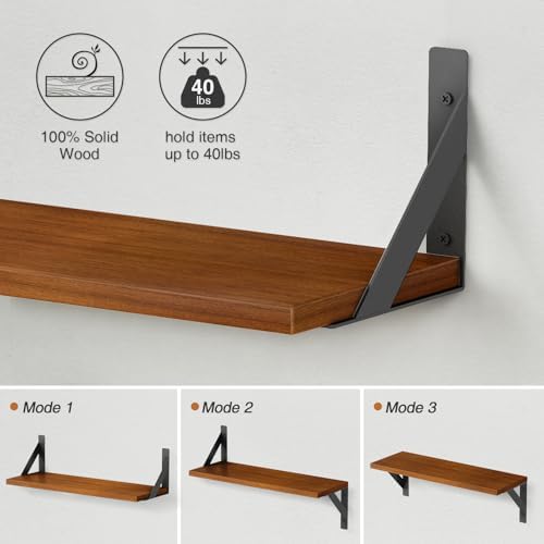 Forbena Walnut Brown Wall Bookshelf, 24 x 8 Inch Floating Bookshelves Set of 3, Large Floating Book Shelves for Bedroom, Long Wooden Wall Shelving Unit for Living Room Office Closet Storage (Walnut) - Image 7