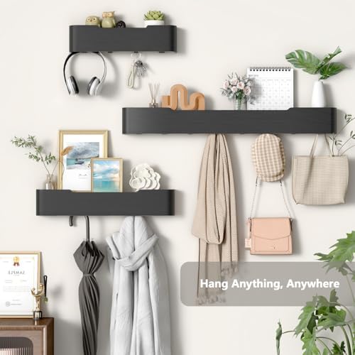Wall Mounted Coat Rack with Shelf, Wooden Entryway Organizer with Hidden Metal Hooks for Hanging Coats Bags Keys, Modern Floating Shelf for Hallway Bathroom - Image 2