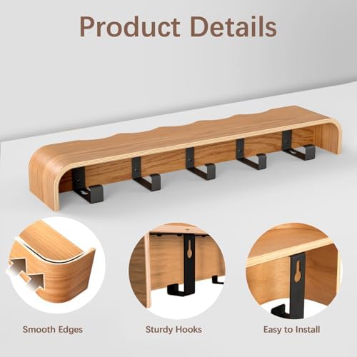 Coat Rack Wall Mount with Hidden Hooks, Wall Hooks with Shelf, Wall Key Holder Mount Wooden Shelf Entryway Hooks for Bedroom Bathroom for Hanging Coats Hats Bags Towels (Oak Wave-Shape, 5 Hooks) - Image 3