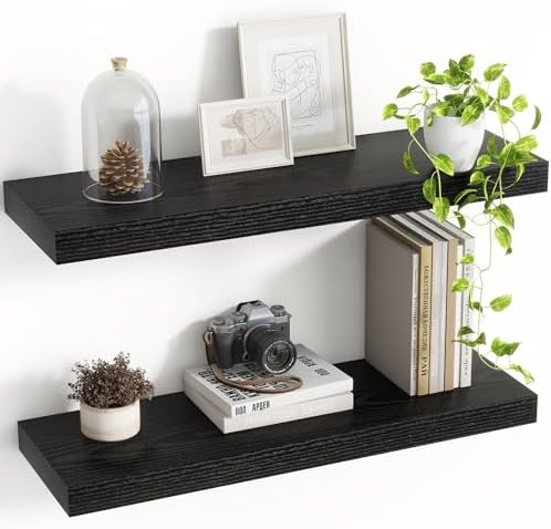 Acovy 24 Inch Floating Shelves, 8 Inch Deep Floating Shelves for Wall, Hanging Shelf with Invisible Brackets, Deep Shelves for Bathroom, Bedroom, Living Room, Black, Set of 2 by Acovy