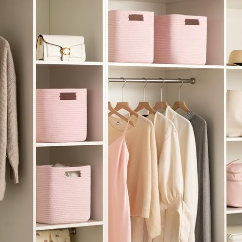 Dreamcountry 13x13 Cube Storage Bins, Storage Cubes with Handles, 4 Pack Cotton Rope Basket for Shelves, Cube Storage Organizer forToys, Book, Clothes, Home, Office, Nursery, Pink - Image 6
