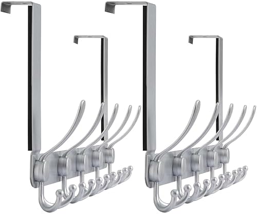 Dseap Over The Door Hook Hanger - Fits 1 3/8" to 1 3/4" Standard Doors | 5 Tri Hooks Heavy Duty Towel/Coat Rack | Door Organizer for Clothes, Jackets, Hats, Towels, Silver, Pack of 2 by Dseap