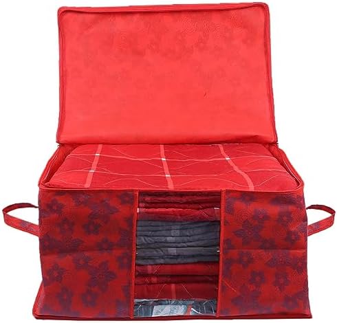 Kuber Industries Foldable Underbed Storage Bag|Organizer For Clothes Large|Non-Woven Comforter, Blanket Cover|Metalic Print & Side Handle|Pack of 12 (Red) - Image 4