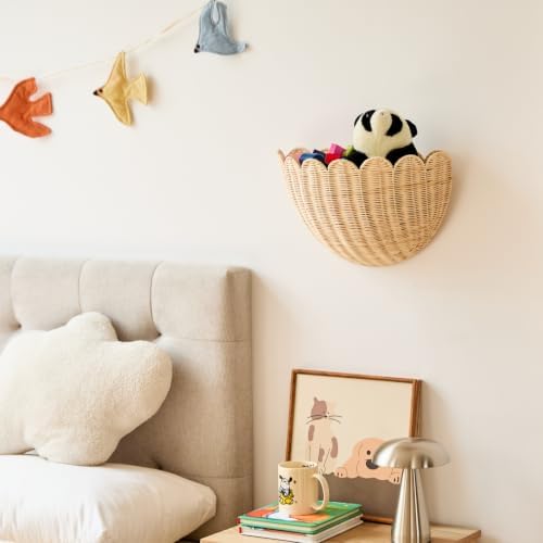Scalloped Wall Hanging Shelves, Hand-Woven Wicker Wall Basket Decor, Boho Natural Rattan Decor – for Home, Living Room, Nursery Room (16 x 12 x 7 & 14 x 8 x 6 Inch) - Image 6