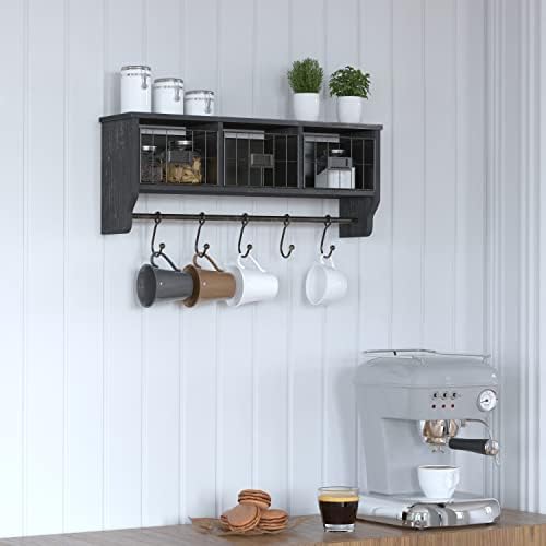 Merrick Lane Enid Wall Mount Storage Rack - Blackwashed Pine Wood - 24" Wide - Upper Shelf - 5 Hooks - Wire Baskets - For Entryway, Kitchen, Bathroom - Image 6