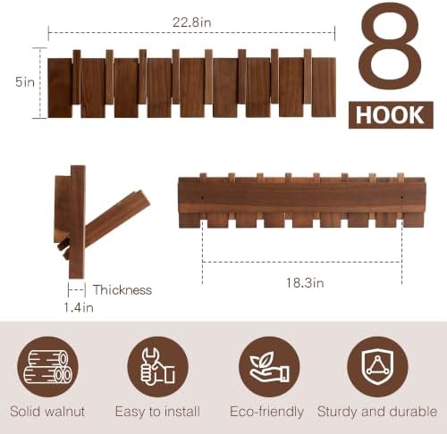 QUELLANCE Wood Coat Rack Wall Mount, Coat Hooks Hanger Wall Mounted, Heavy Duty Wall Coat Rack with 8 Hooks for Hanging Coats/Keys/Hats/Robe&Towels/Plants/Bags, Walnut - Image 2
