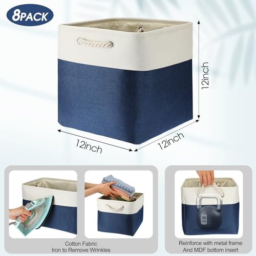 meekoo 8 Pack Fabric Storage Bins Baskets, 12 x 12 x 12 in, Blue White - Image 2