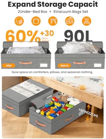 TOSKING 2-Pack Under Bed Storage Drawers with Wheels, 6 Vacuum Bags, Adjustable Height 7.9-10.2", Large 90L/80 lbs Clear Lid, 900D Oxford, Space Saver for Dorm Bedroom, Blankets, Clothes, Shoes, Gray - Image 5