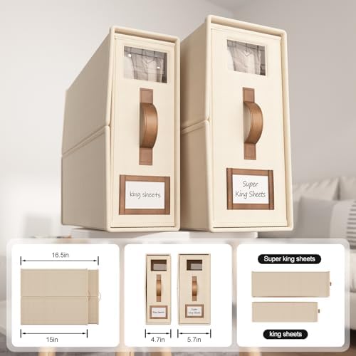 4 Pack Foldable Bed Sheets Set Organizers and Storage(Cal King Size),Linen Fabric Closet Organizers with Window,Folding Bedding Storage Box for Bedsheets and Pillow Cube Organizer-Beige - Image 3