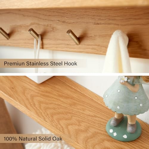 Wall Hooks with Shelf Oak Wood Coat Rack Shelf Wall Mounted, Entryway Shelves with 5 Metal Hangers for Clothes Hats Towel for Bathroom, Bedroom, Living Room (Natural, 20 inches) - Image 2