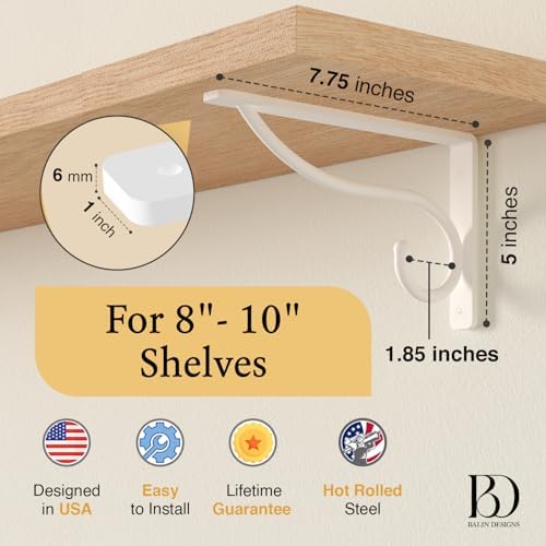 Closet Rod Bracket, 8 Inch Hook Shelf Brackets Heavy Duty Wall Mounted, Black Closet Rod Support Brackets for Curtains, Hanging Hook Kitchen, Garage Shelf Supports (4 Pack) (White, 8 Inch) - Image 2