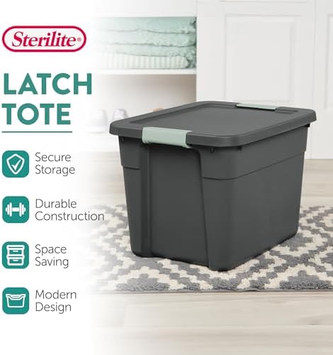 Sterilite 18 Pack Latch Tote, Stackable Plastic Storage Container, 12 Gallon, Gray/Green - Image 3