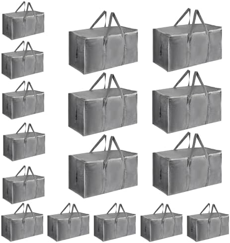 16 Pack-Extra Large Heavy Duty Moving Bags - Waterproof Storage Totes with Handles & Zippers, Foldable for College Dorm, Storage (Gray) by Unknown
